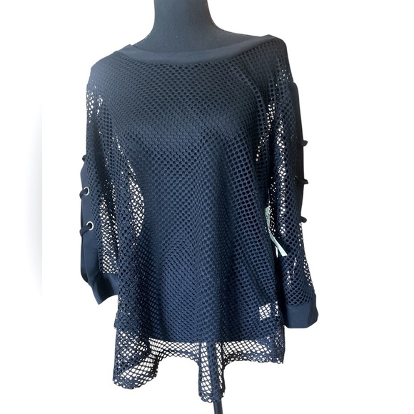 Black Mesh Sheer Knit Top Silver Grommet Sleeve Details NWT Edgy Goth Size Large - Picture 9 of 10